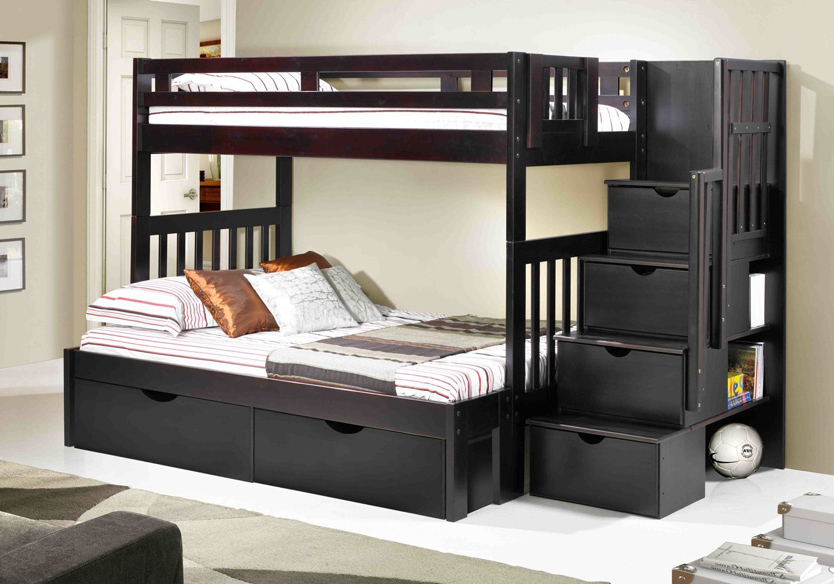 Espresso Stairway Bunk Bed with Full Size Bottom Bunk and Twin Top Bunk