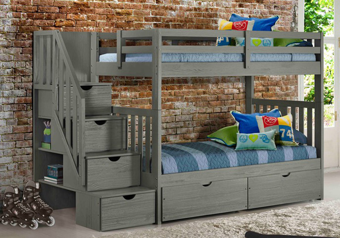 Gray staircase bunk bed shown with underbed drawers | Finders Keepers Kids Bed Shop, Southington, CT